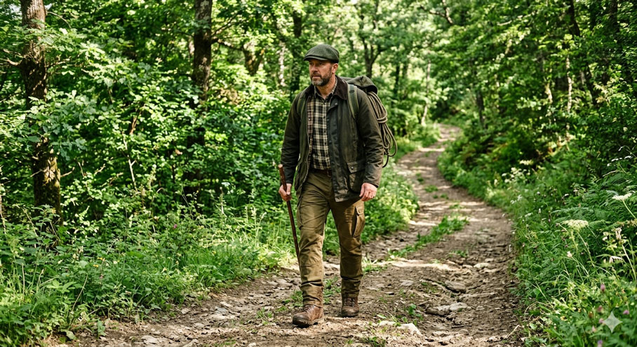 Pantaloni da caccia estivi utilizzati durante una camminata nel bosco